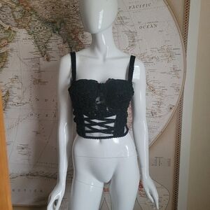Fashion Fantasy vintage black beaded lace sheer cropped bra corset goth witchy L